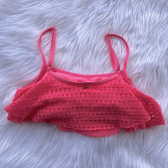 Roxy Bikini Top Bathing Suit Swimsuit Pop Over Mesh Pink Beach Festival Small - Picture 3 of 9